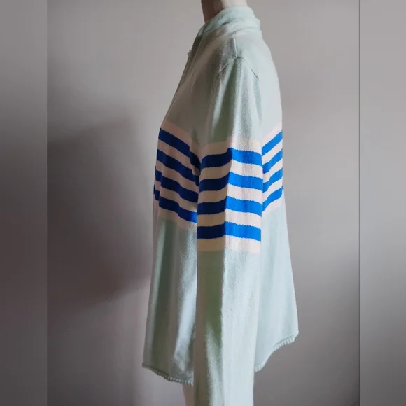 Talbots Cotton Cashmere Open Cardigan Stripe Blue Aqua Classic Size Large - Picture 7 of 15